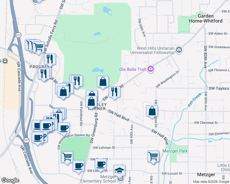 map of restaurants, bars, coffee shops, grocery stores, and more near 9040 Southwest Oleson Road in Portland