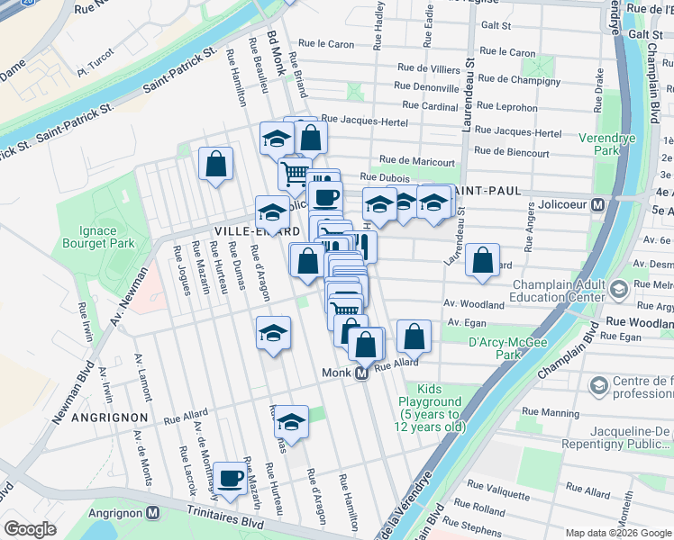 map of restaurants, bars, coffee shops, grocery stores, and more near 6400 Monk Boulevard in Montreal