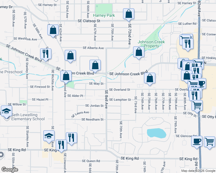 map of restaurants, bars, coffee shops, grocery stores, and more near 9424 Southeast Bell Avenue in Milwaukie