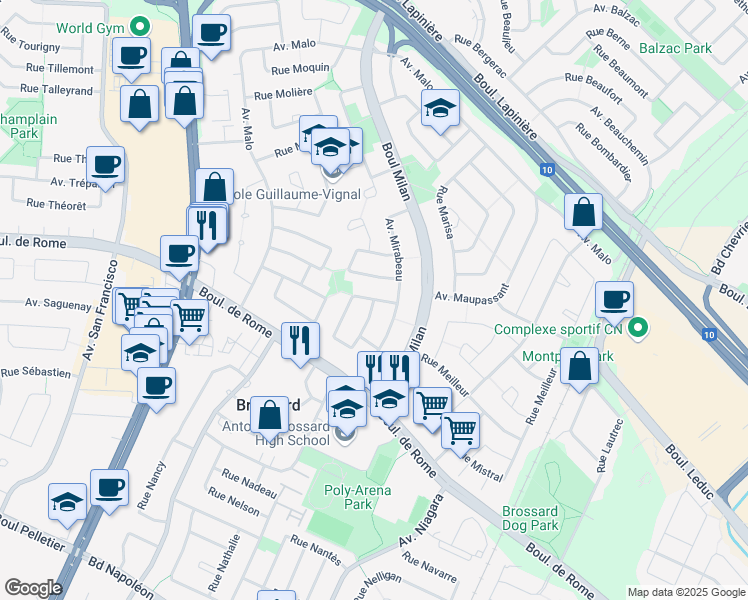map of restaurants, bars, coffee shops, grocery stores, and more near Rue Manille in Brossard