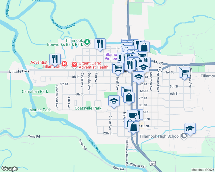 map of restaurants, bars, coffee shops, grocery stores, and more near 1611 5th St in Tillamook