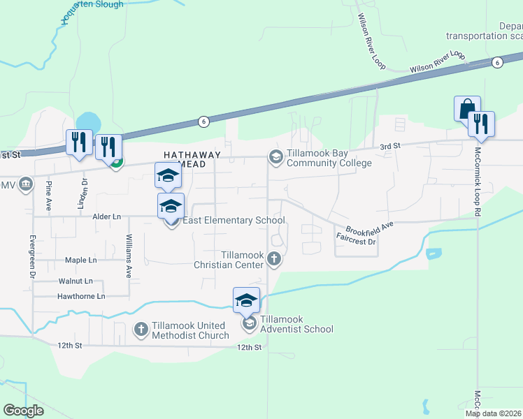 map of restaurants, bars, coffee shops, grocery stores, and more near 412 Marolf Loop Road in Tillamook