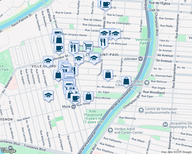 map of restaurants, bars, coffee shops, grocery stores, and more near 6415 Laurendeau Street in Montreal