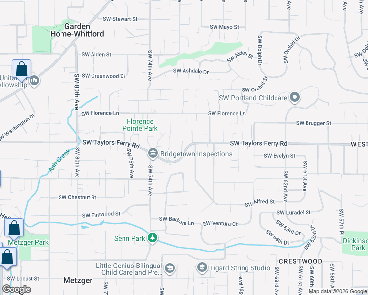 map of restaurants, bars, coffee shops, grocery stores, and more near 7075 Southwest Taylors Ferry Road in Portland