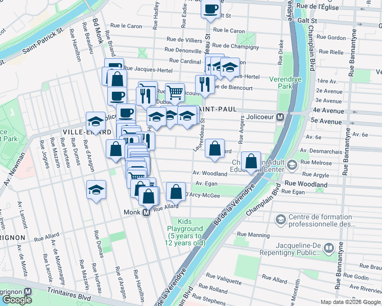map of restaurants, bars, coffee shops, grocery stores, and more near 6415 Laurendeau Street in Montreal