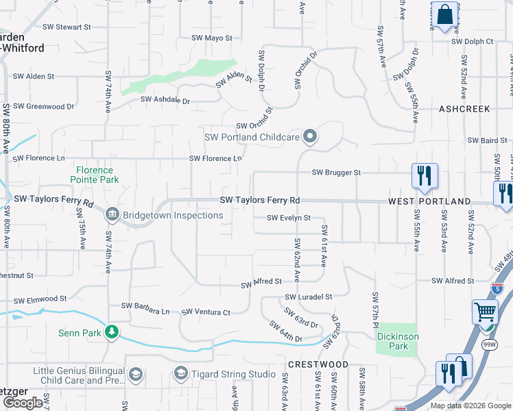 map of restaurants, bars, coffee shops, grocery stores, and more near 6446 Southwest Taylors Ferry Road in Portland