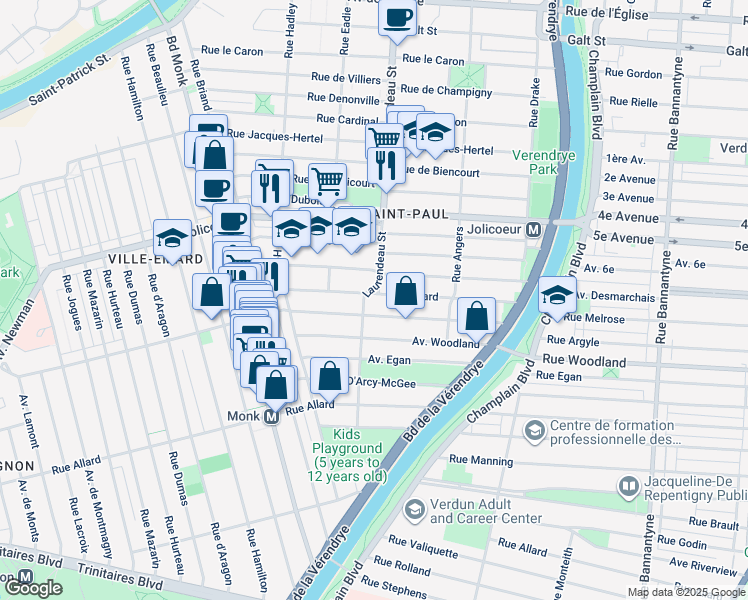 map of restaurants, bars, coffee shops, grocery stores, and more near 1762 Avenue Émard in Montréal
