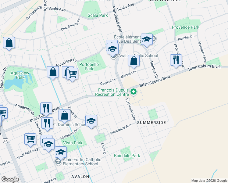 map of restaurants, bars, coffee shops, grocery stores, and more near 1064 Candlewood Street in Ottawa