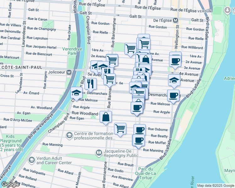 map of restaurants, bars, coffee shops, grocery stores, and more near 810 Boulevard Desmarchais in Montréal