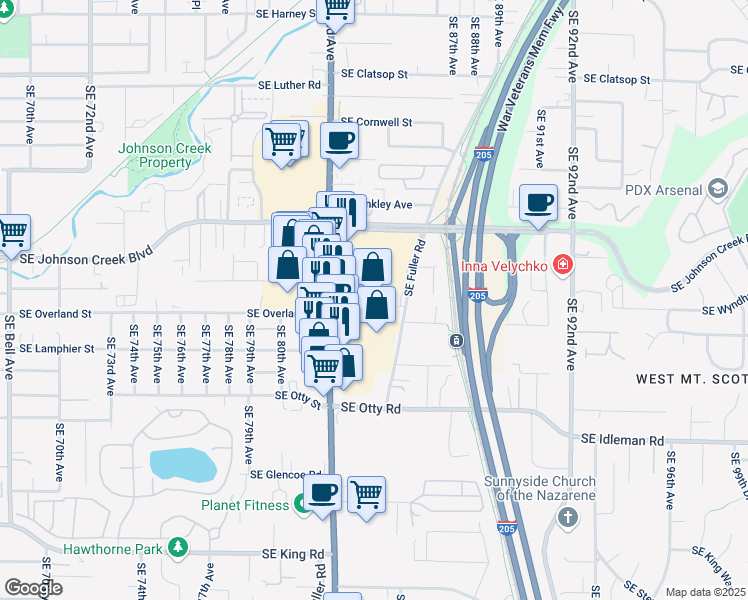 map of restaurants, bars, coffee shops, grocery stores, and more near 9450 Southeast 82nd Avenue in Portland