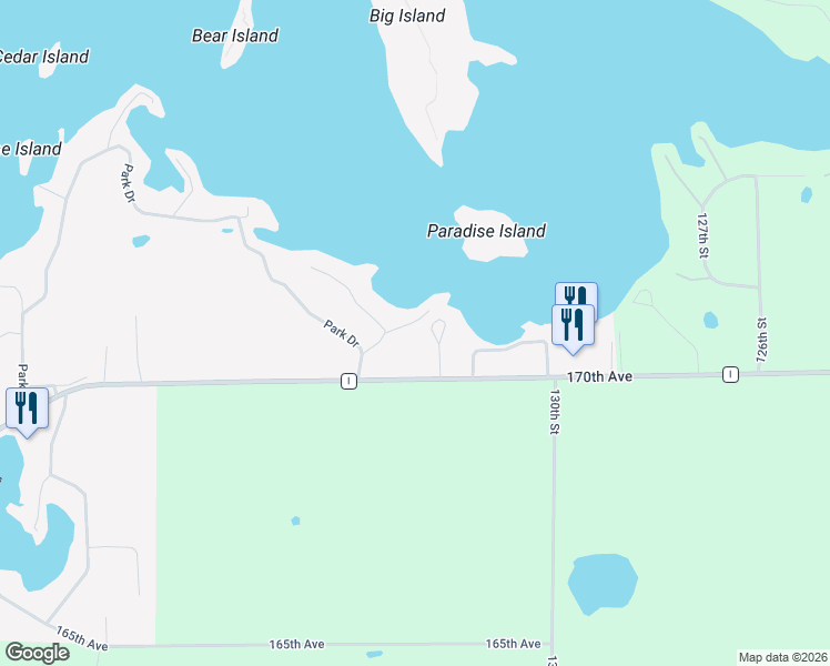 map of restaurants, bars, coffee shops, grocery stores, and more near 216 County Road I in Balsam Lake
