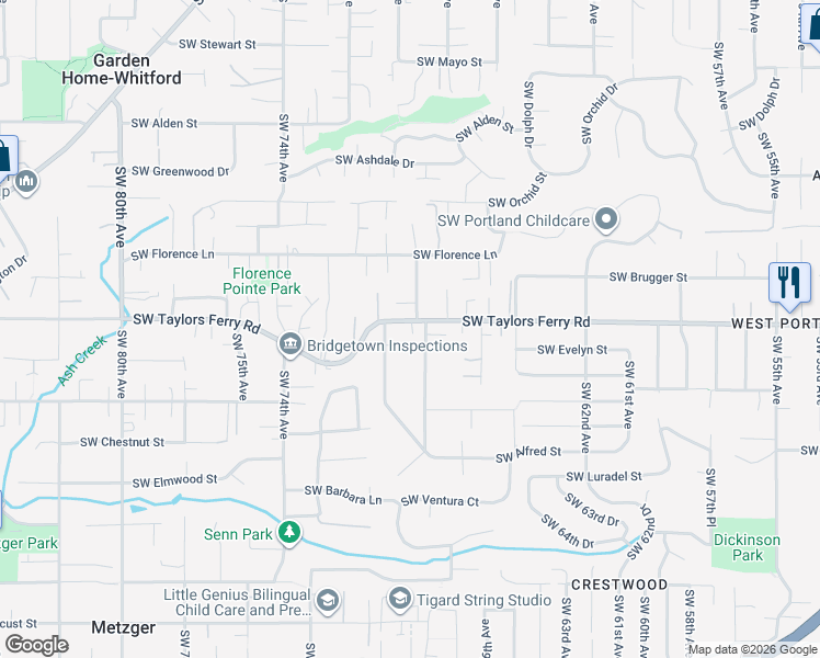 map of restaurants, bars, coffee shops, grocery stores, and more near 6912 Southwest Taylors Ferry Road in Tigard