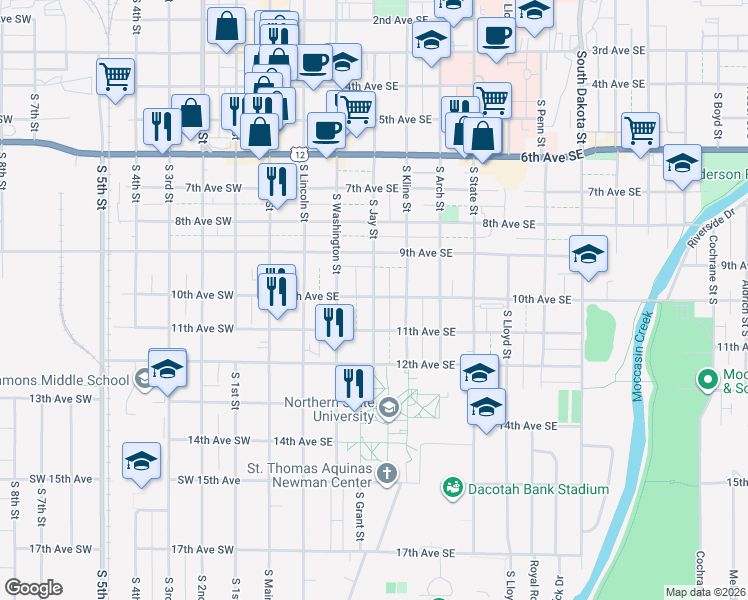 map of restaurants, bars, coffee shops, grocery stores, and more near 1003 South Jay Street in Aberdeen