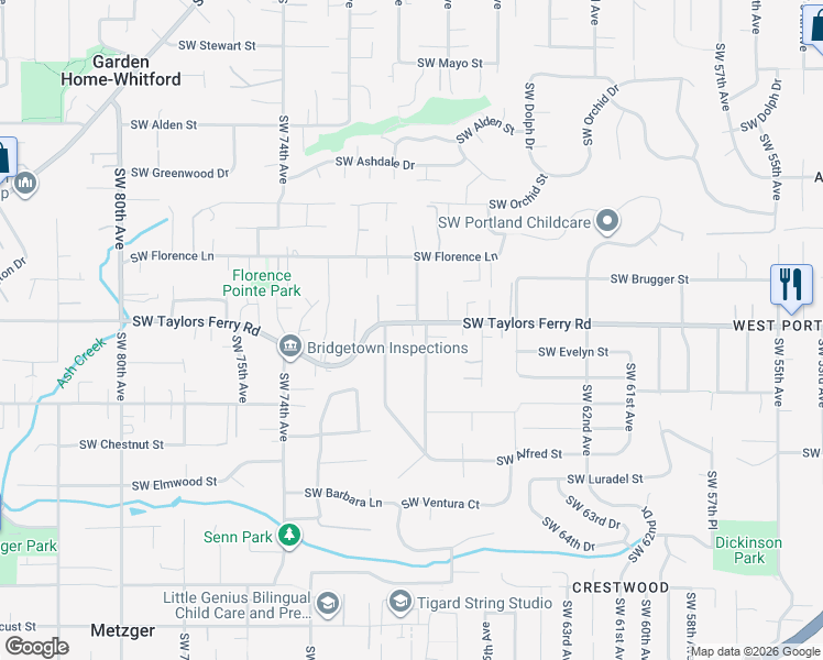 map of restaurants, bars, coffee shops, grocery stores, and more near 6912 Southwest Taylors Ferry Road in Tigard