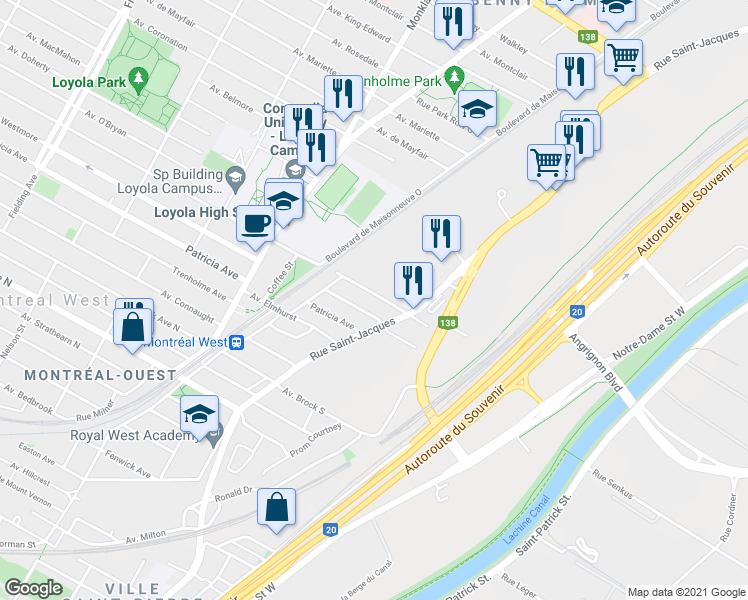 map of restaurants, bars, coffee shops, grocery stores, and more near 2050 Rue West Broadway in Montréal