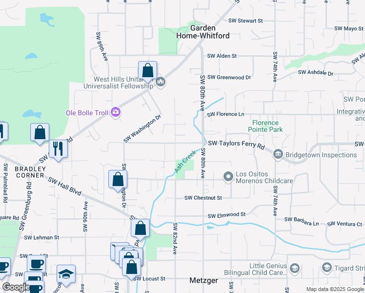 map of restaurants, bars, coffee shops, grocery stores, and more near 9030 Southwest 82nd Avenue in Portland