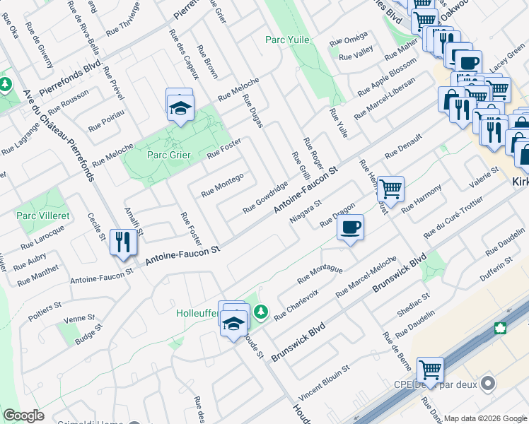 map of restaurants, bars, coffee shops, grocery stores, and more near 17711 Rue Antoine-Faucon in Montréal