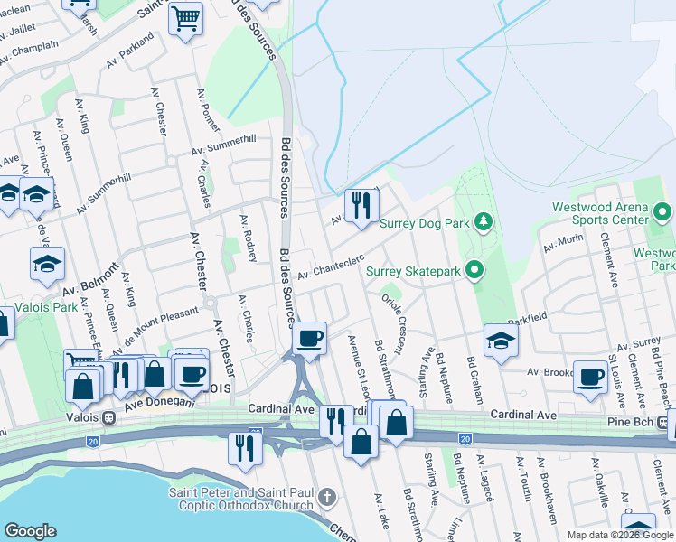 map of restaurants, bars, coffee shops, grocery stores, and more near 2320 Avenue Chanteclerc in Dorval