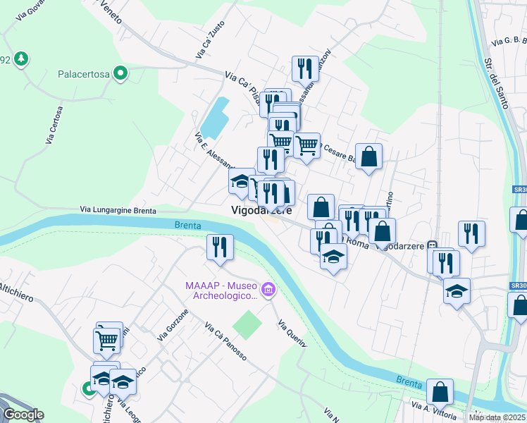 map of restaurants, bars, coffee shops, grocery stores, and more near 131 Via Roma in Vigodarzere
