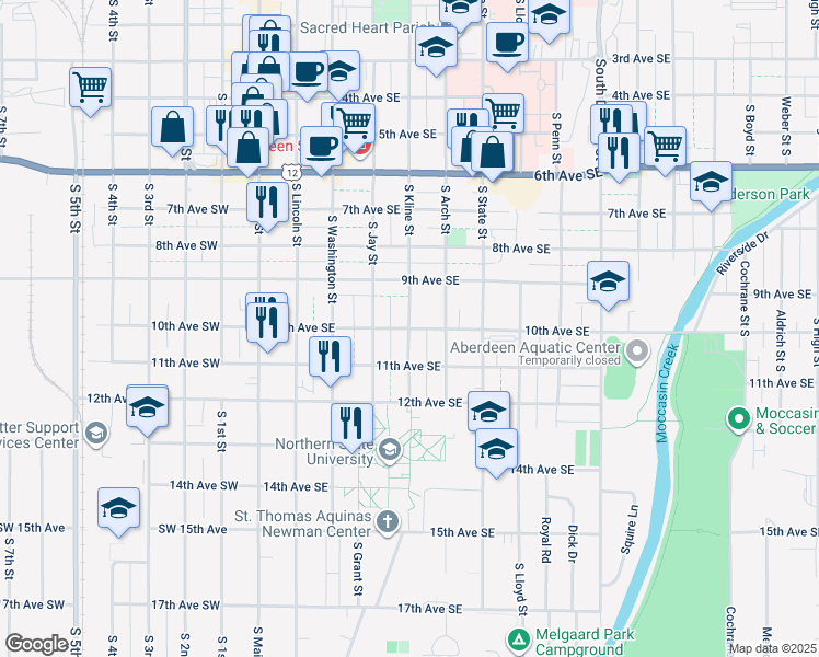 map of restaurants, bars, coffee shops, grocery stores, and more near 1000 South Kline Street in Aberdeen