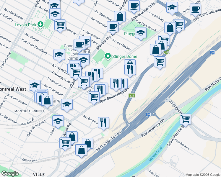 map of restaurants, bars, coffee shops, grocery stores, and more near 2050 Rue West Broadway in Montreal