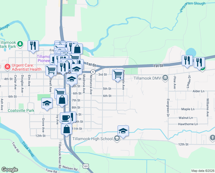 map of restaurants, bars, coffee shops, grocery stores, and more near 2517 5th Street in Tillamook
