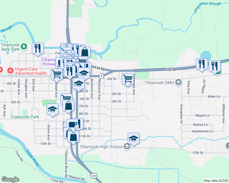 map of restaurants, bars, coffee shops, grocery stores, and more near 2411 5th St in Tillamook