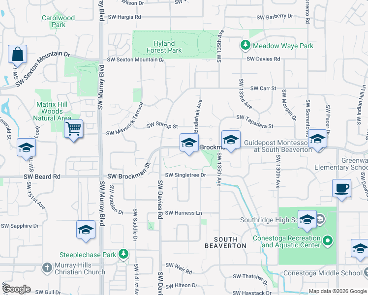 map of restaurants, bars, coffee shops, grocery stores, and more near 13800 Southwest Brockman Road in Beaverton