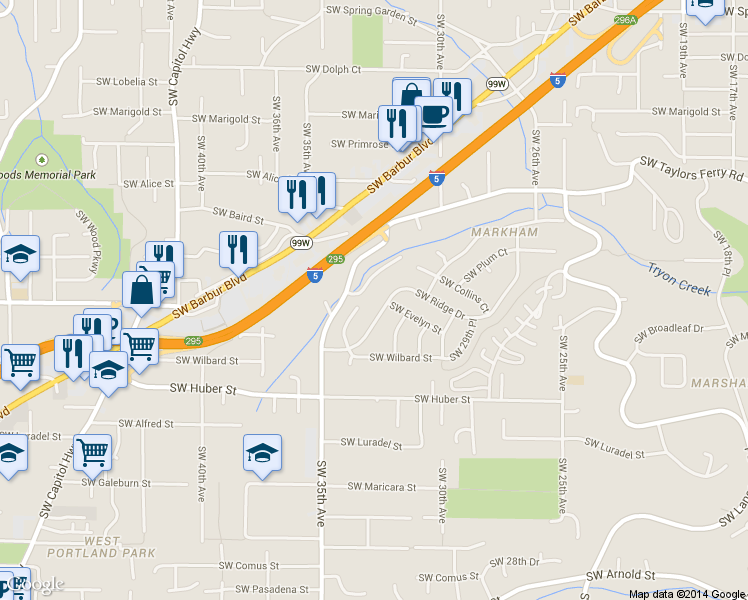 map of restaurants, bars, coffee shops, grocery stores, and more near 3223 Southwest Ridge Drive in Portland