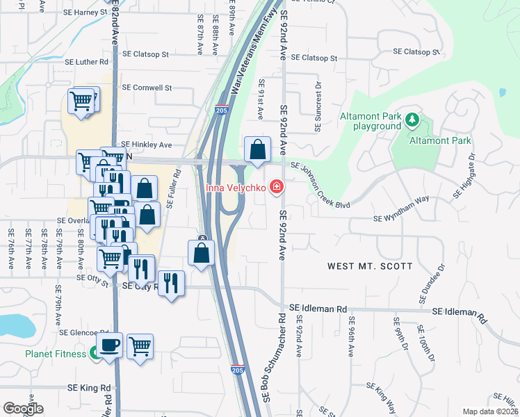 map of restaurants, bars, coffee shops, grocery stores, and more near 9345 Southeast 91st Avenue in Happy Valley