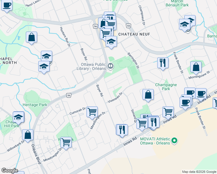 map of restaurants, bars, coffee shops, grocery stores, and more near 6343 Mattice Avenue in Ottawa