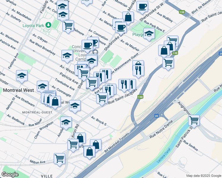map of restaurants, bars, coffee shops, grocery stores, and more near 2063 Avenue Westmore in Montréal