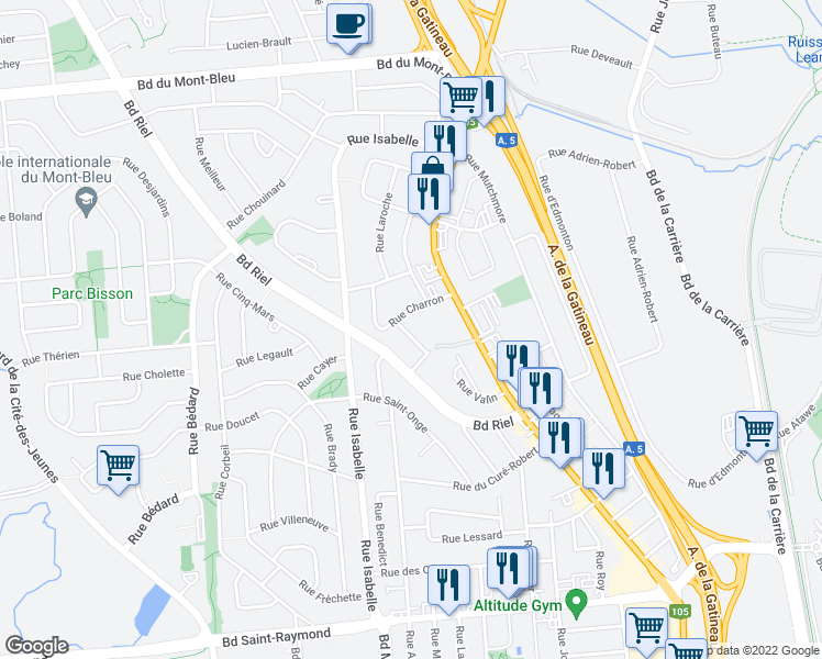 map of restaurants, bars, coffee shops, grocery stores, and more near 8 Rue Thomas Kelly in Gatineau