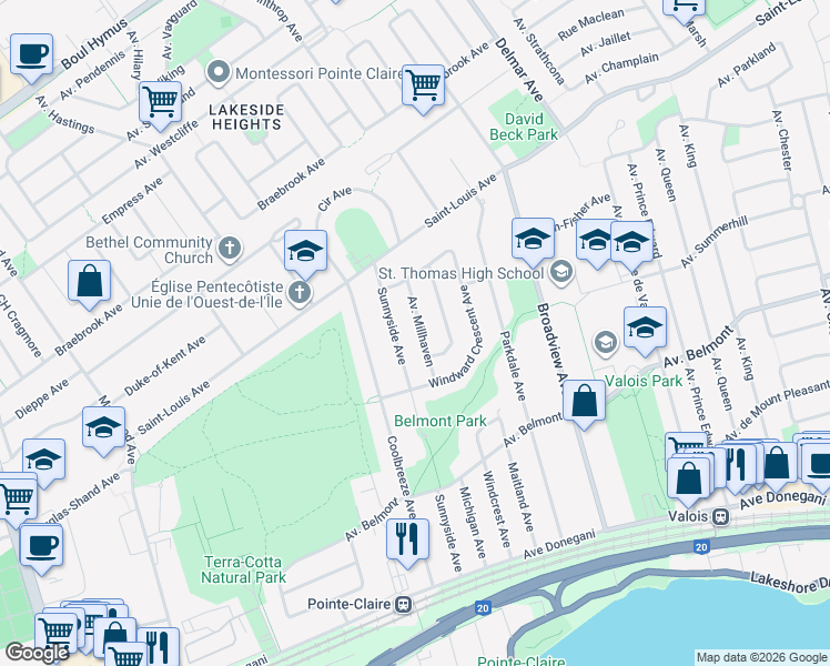 map of restaurants, bars, coffee shops, grocery stores, and more near 146 Avenue Millhaven in Pointe-Claire