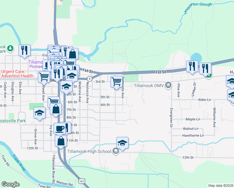 map of restaurants, bars, coffee shops, grocery stores, and more near 411 Park Avenue in Tillamook