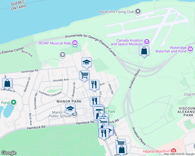map of restaurants, bars, coffee shops, grocery stores, and more near in Ottawa