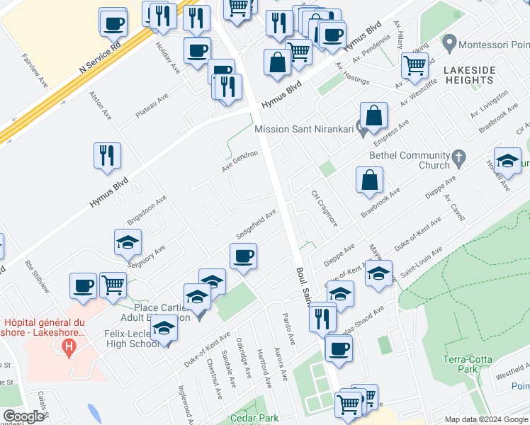 map of restaurants, bars, coffee shops, grocery stores, and more near 107 Avenue Sedgefield in Pointe-Claire