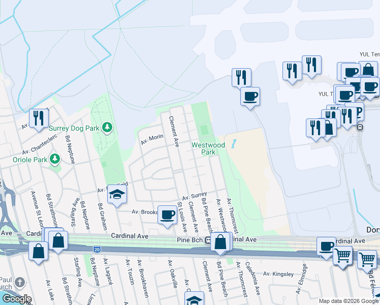 map of restaurants, bars, coffee shops, grocery stores, and more near 684 Boulevard Pine Beach in Dorval
