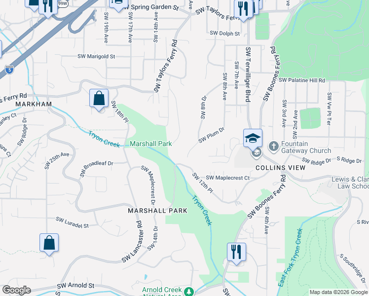 map of restaurants, bars, coffee shops, grocery stores, and more near 1095 Southwest Plum Drive in Portland