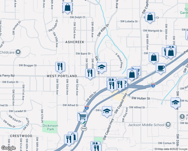 map of restaurants, bars, coffee shops, grocery stores, and more near 9800 Southwest 49th Avenue in Portland