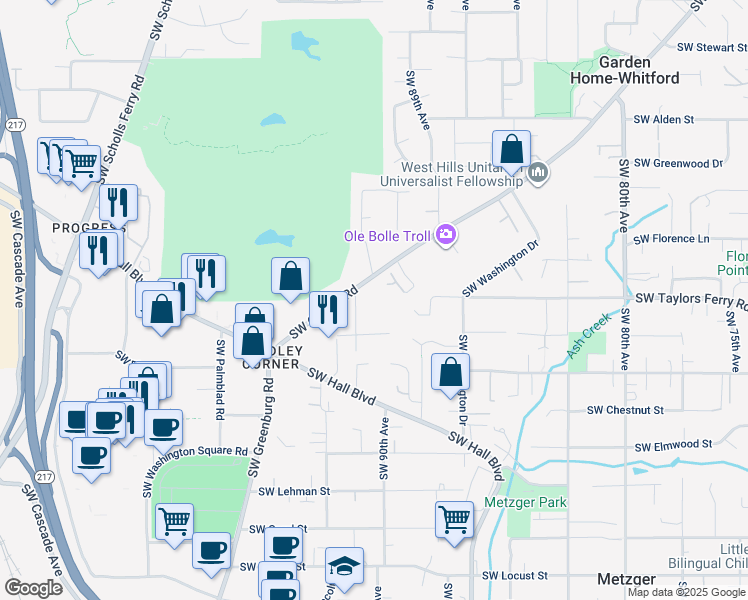 map of restaurants, bars, coffee shops, grocery stores, and more near 9100 Southwest 91st Avenue in Portland
