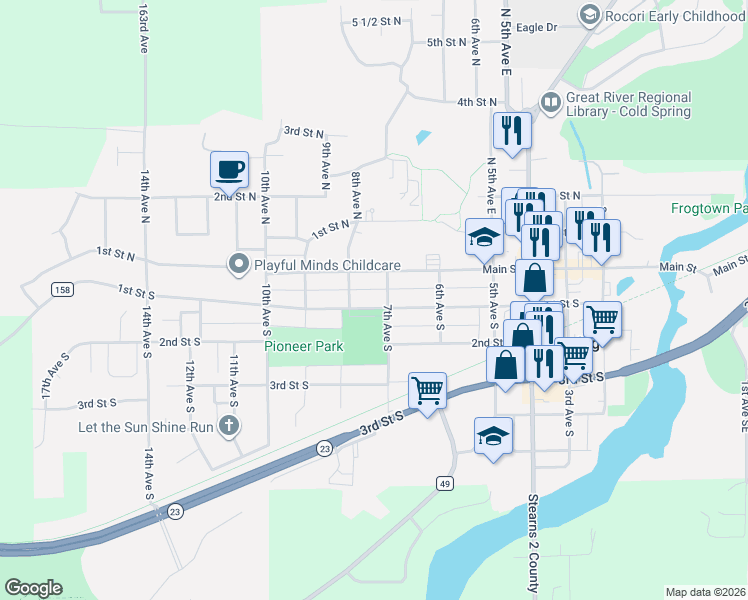 map of restaurants, bars, coffee shops, grocery stores, and more near 707 1st Street South in Cold Spring