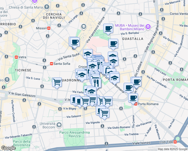 map of restaurants, bars, coffee shops, grocery stores, and more near 9 Corso di Porta Vigentina in Milano