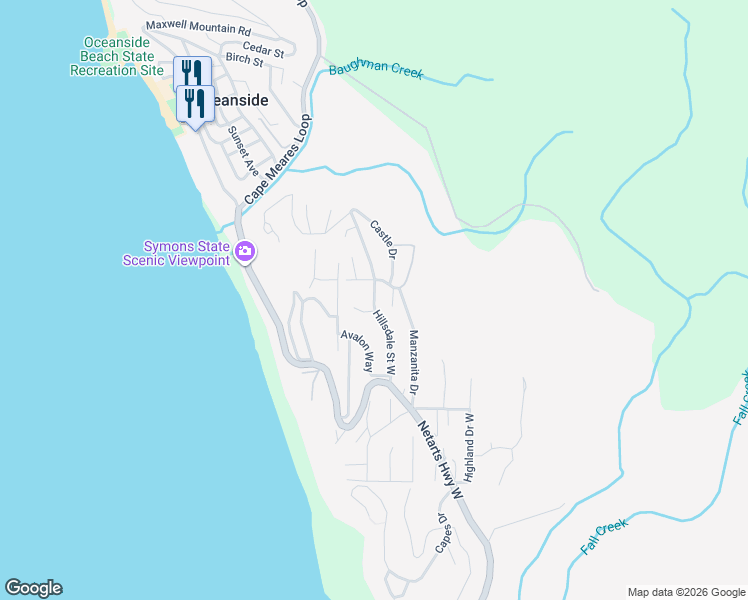 map of restaurants, bars, coffee shops, grocery stores, and more near Hillsdale Street West in Oceanside