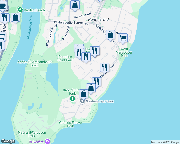 map of restaurants, bars, coffee shops, grocery stores, and more near Rue de Gaspé in Montréal