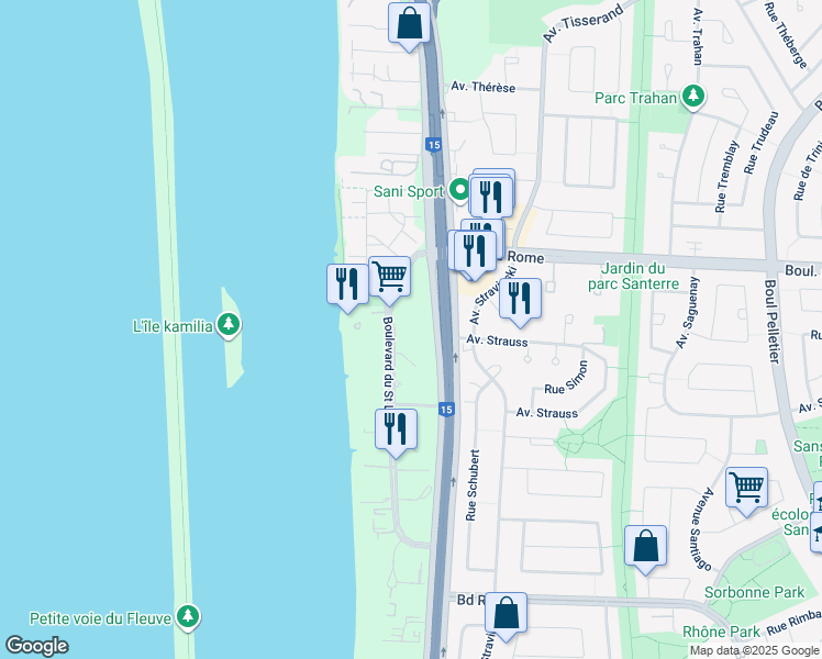 map of restaurants, bars, coffee shops, grocery stores, and more near 8035 Boulevard du Saint Laurent in Brossard