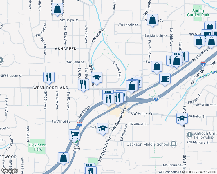 map of restaurants, bars, coffee shops, grocery stores, and more near 4542 Southwest Taylors Ferry Road in Portland