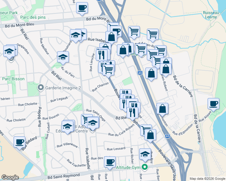 map of restaurants, bars, coffee shops, grocery stores, and more near 707 Boulevard Saint-Joseph in Gatineau