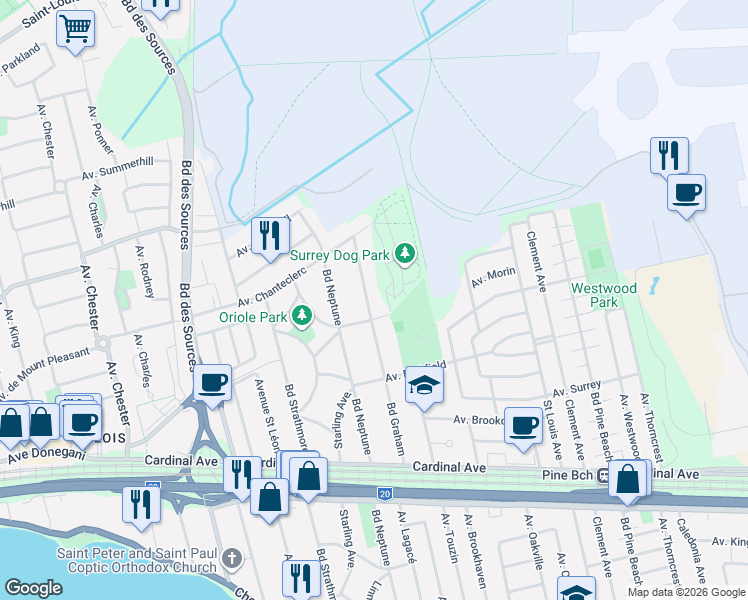 map of restaurants, bars, coffee shops, grocery stores, and more near 709 Boulevard Graham in Dorval