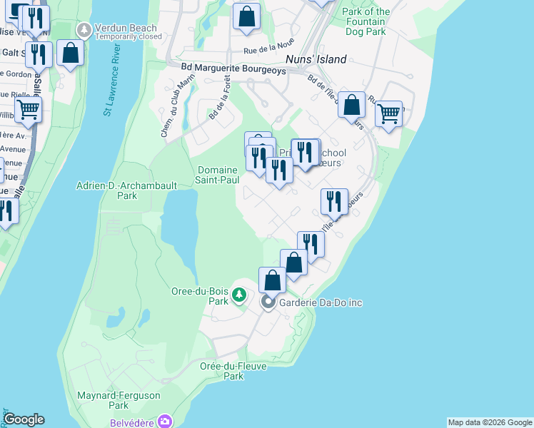 map of restaurants, bars, coffee shops, grocery stores, and more near 669 Rue de Gaspé in Montreal